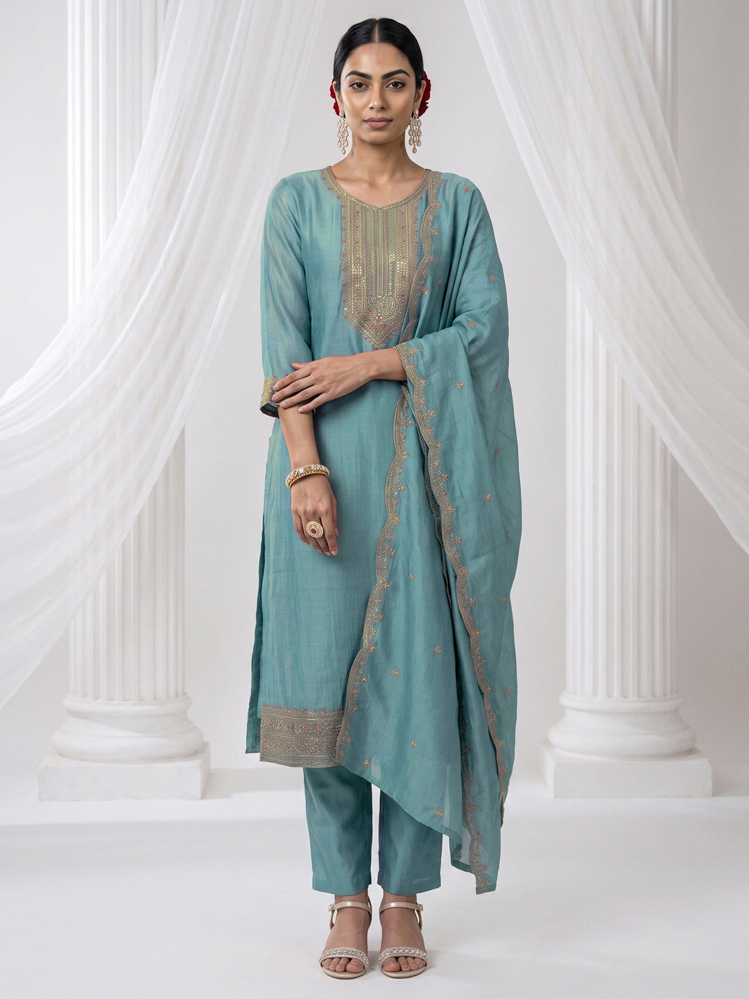  Libas Aqua Blue Yoke Design Chanderi Silk Straight Suit Set 