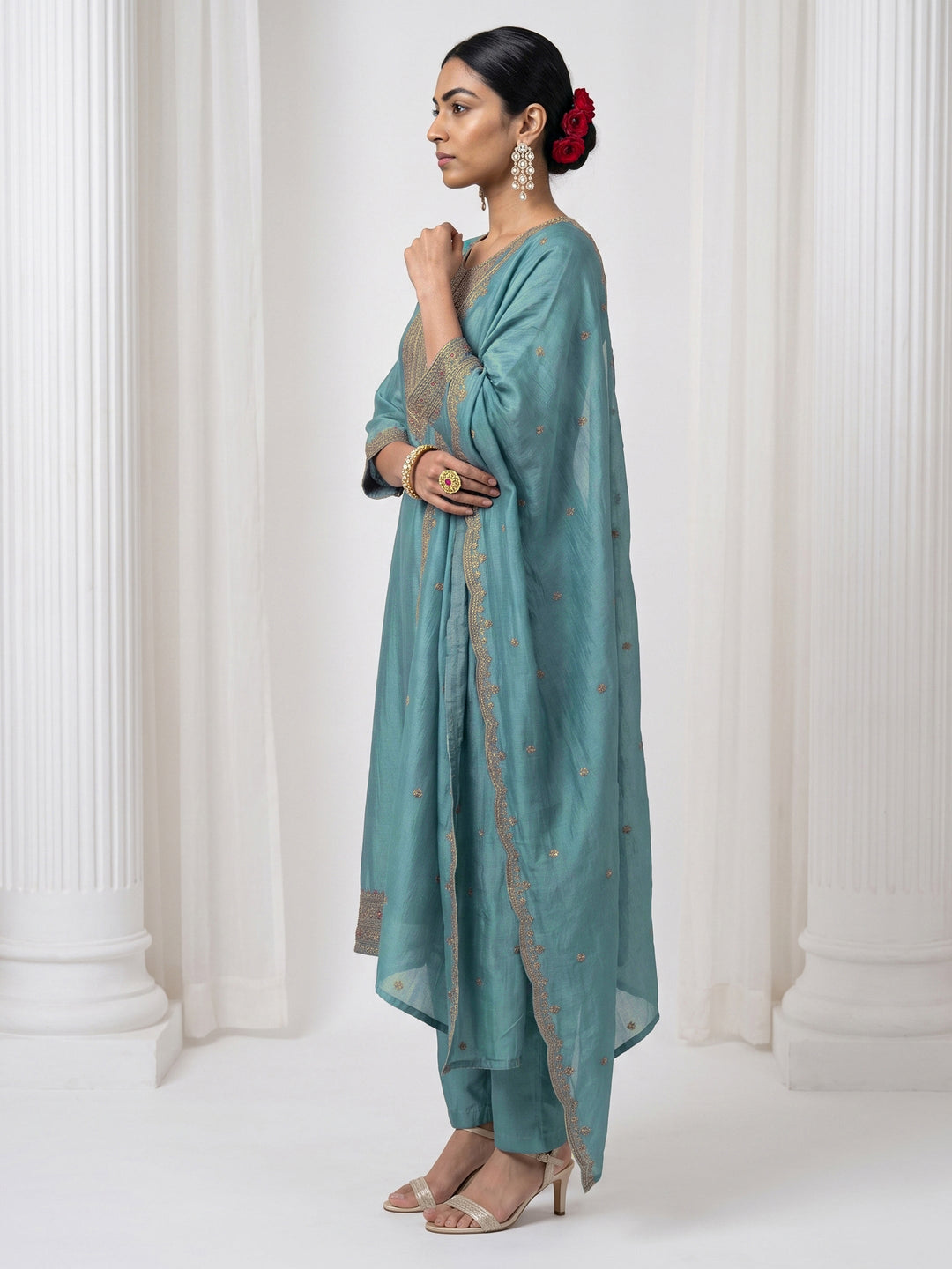  Libas Aqua Blue Yoke Design Chanderi Silk Straight Suit Set 
