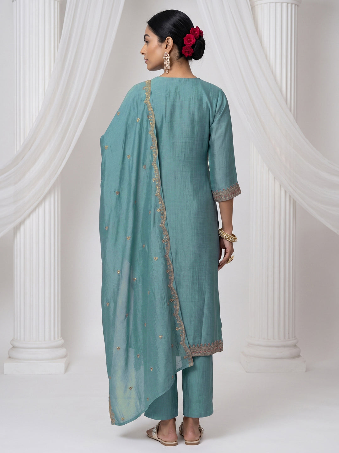  Libas Aqua Blue Yoke Design Chanderi Silk Straight Suit Set 