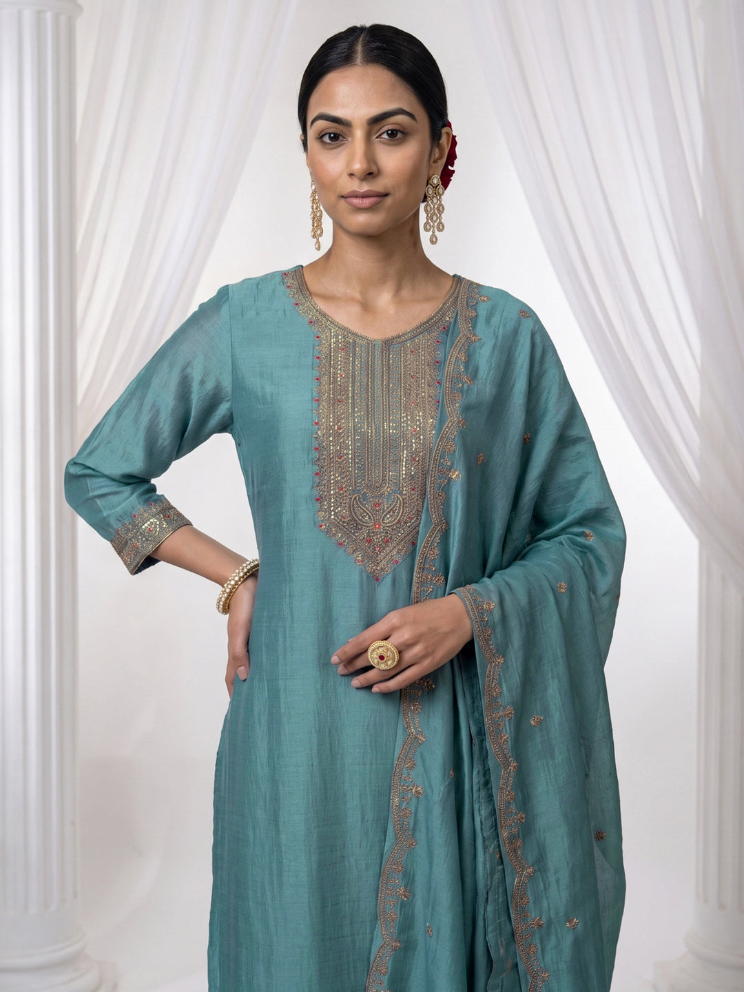  Libas Aqua Blue Yoke Design Chanderi Silk Straight Suit Set 