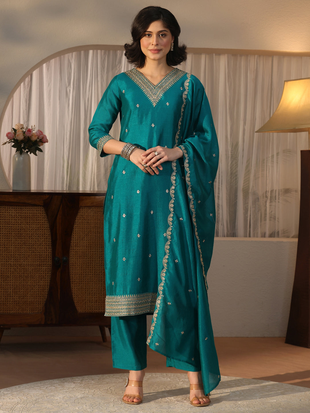  Libas Teal Blue Embroidered Chanderi Silk Straight Suit Set 