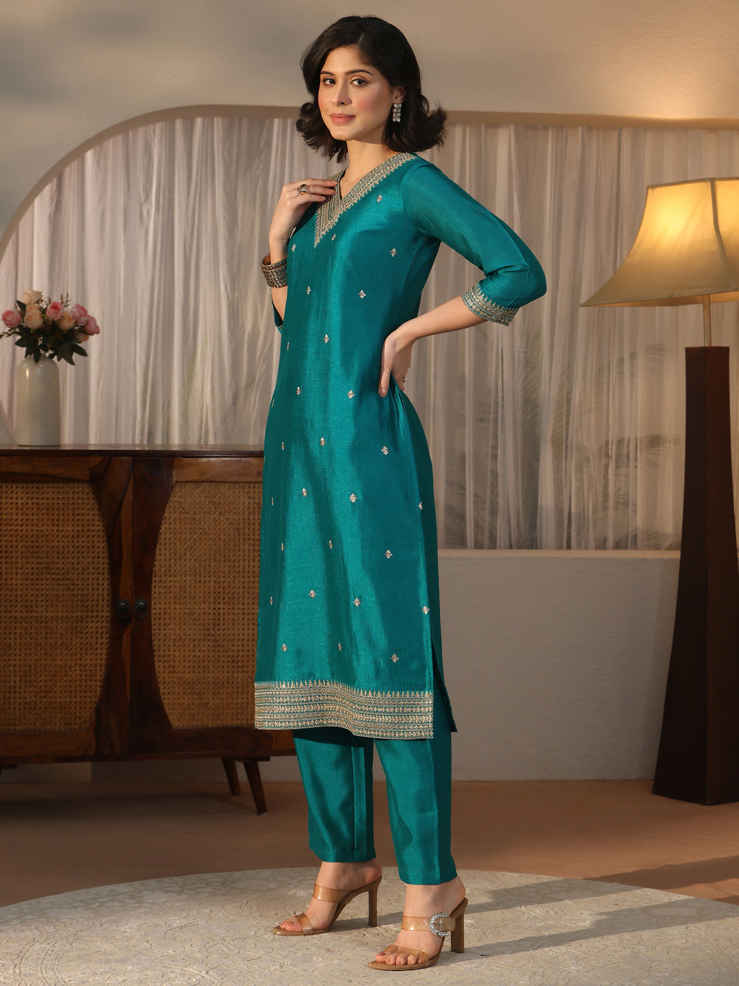  Libas Teal Blue Embroidered Chanderi Silk Straight Suit Set 
