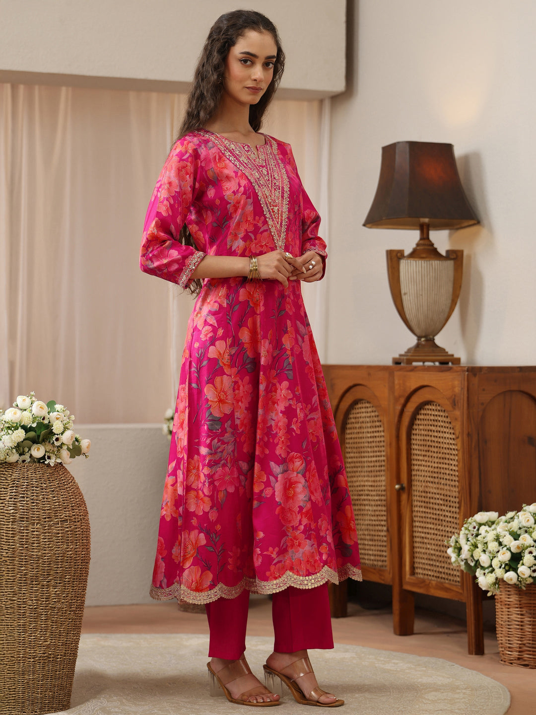  Pink Floral Printed Silk Blend Suit Set 
