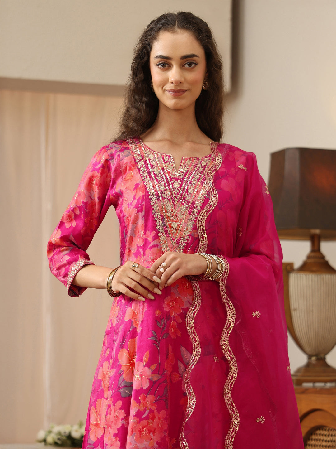  Pink Floral Printed Silk Blend Suit Set 