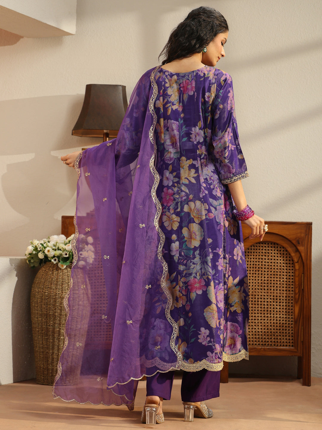  Purple Floral Printed Silk Blend Suit Set 