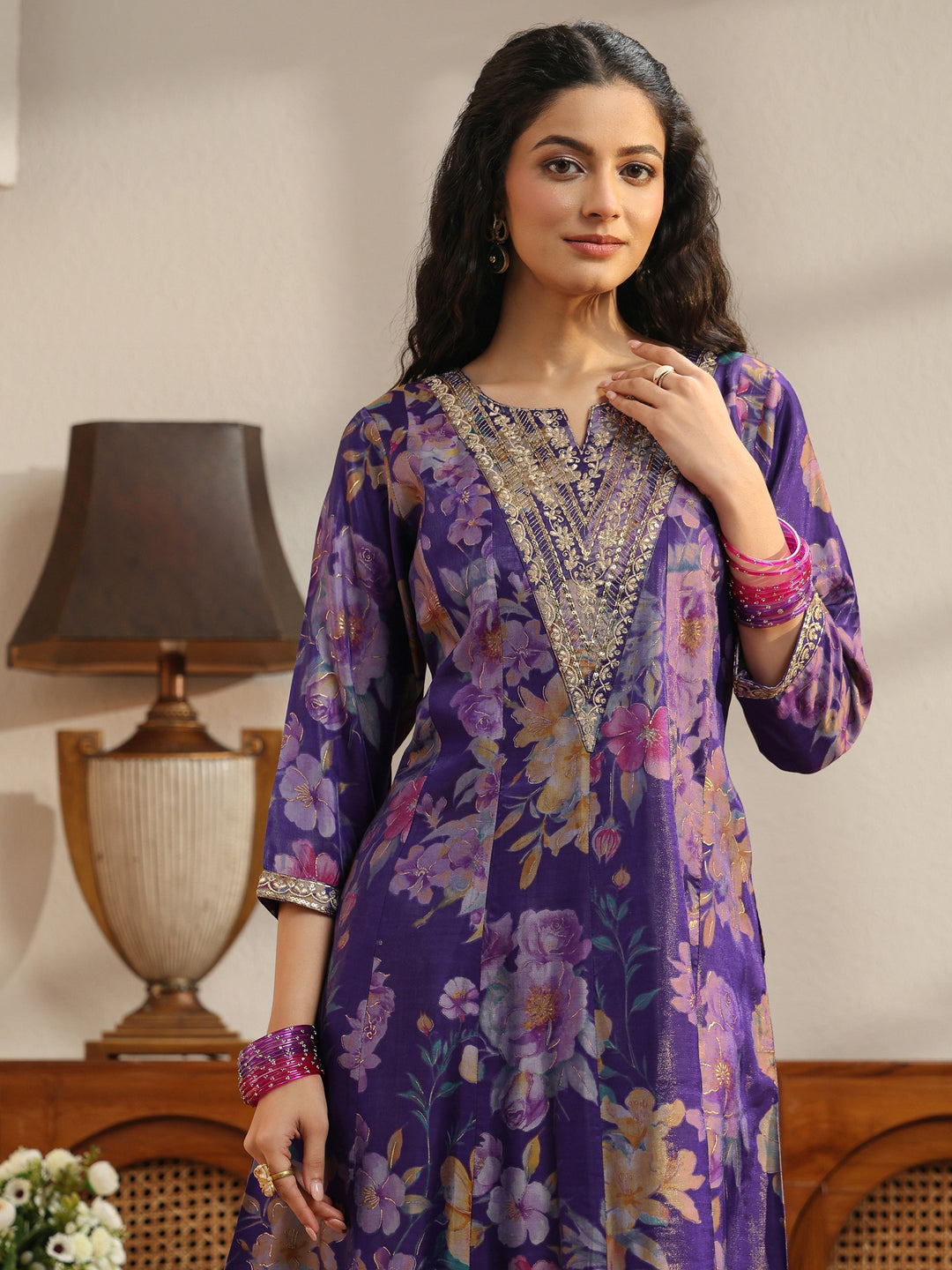  Purple Floral Printed Silk Blend Suit Set 