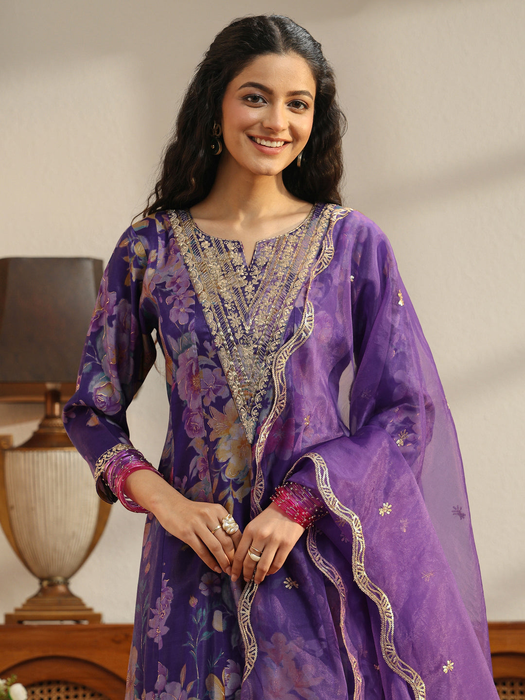  Purple Floral Printed Silk Blend Suit Set 