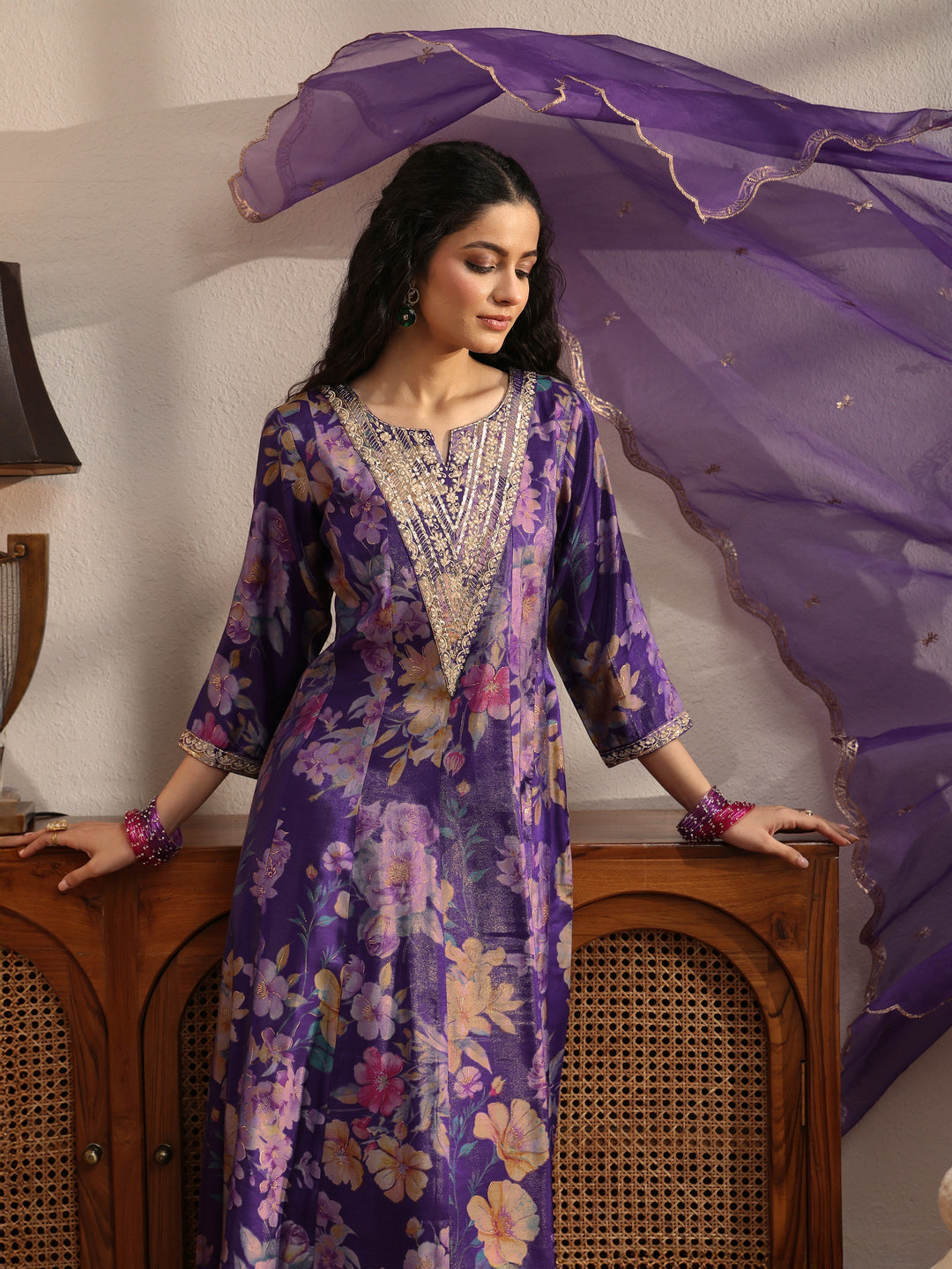  Purple Floral Printed Silk Blend Suit Set 