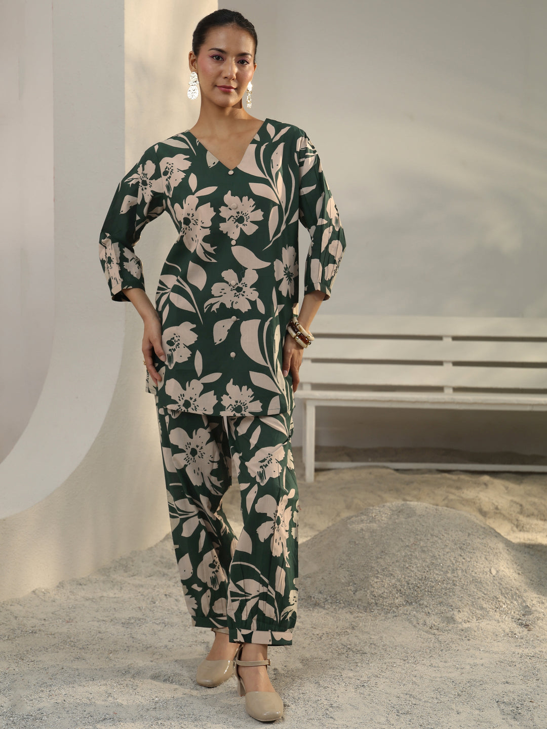  Green Floral Printed Cotton Co-Ord Set 