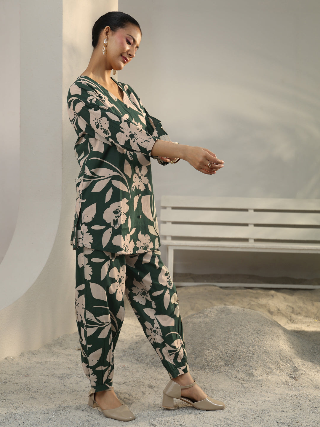  Green Floral Printed Cotton Co-Ord Set 
