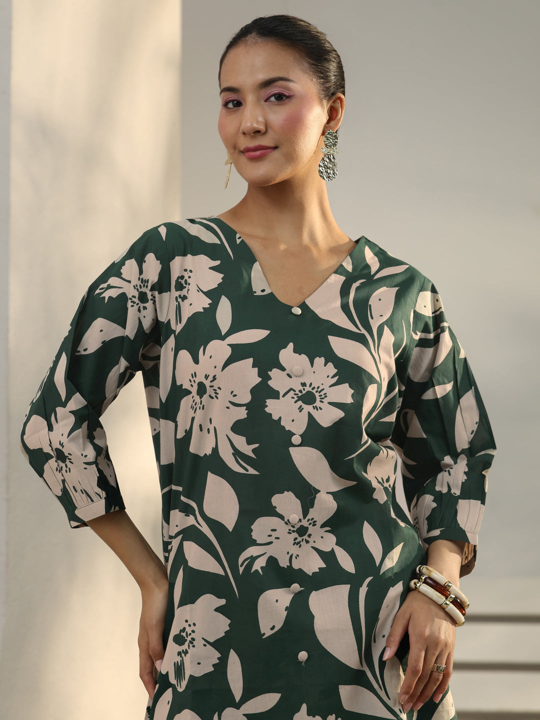 Green Floral Printed Cotton Co-Ord Set 