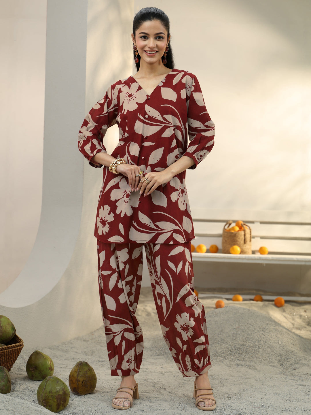  Brown Floral Printed Cotton Co-Ord Set 