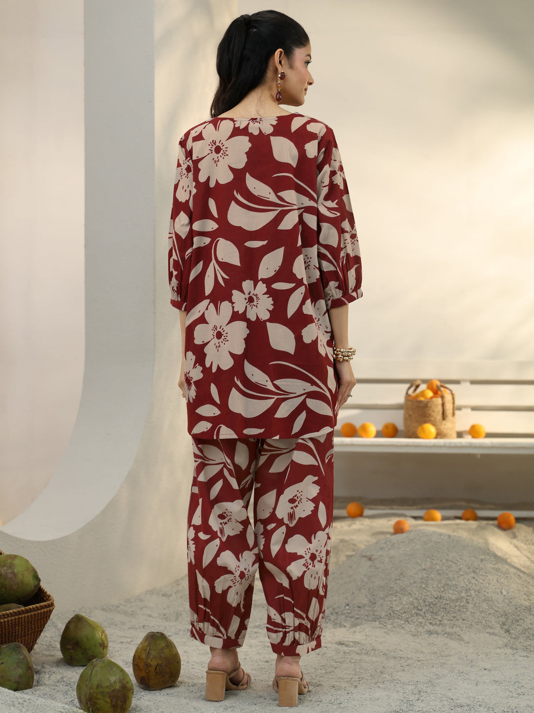  Brown Floral Printed Cotton Co-Ord Set 