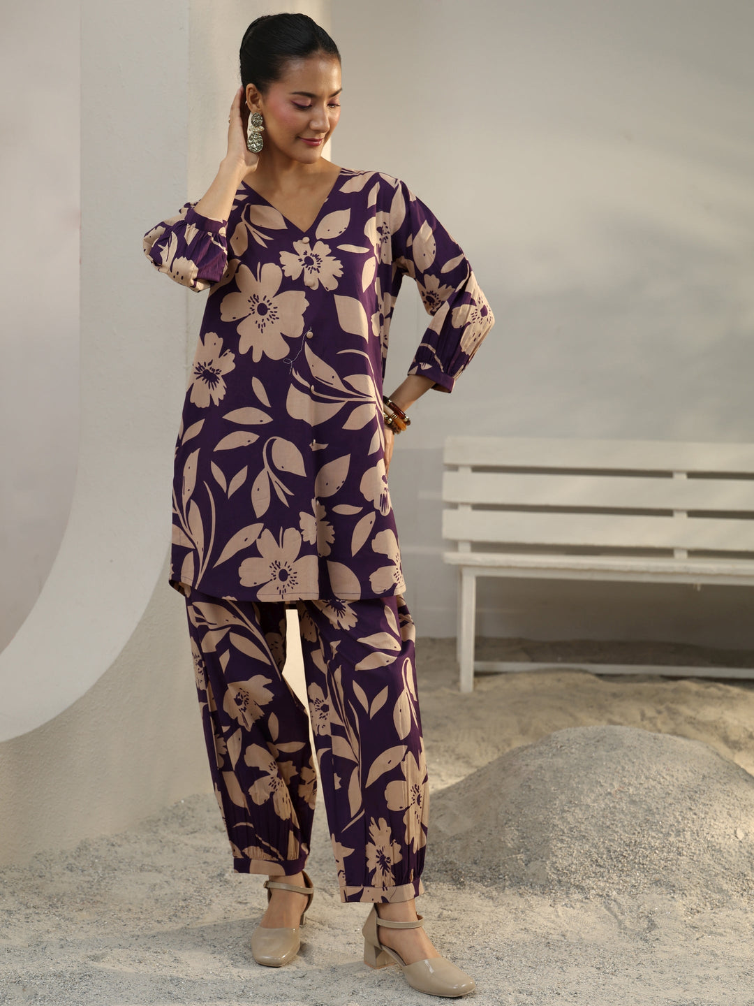 Purple Floral Printed Cotton Co-Ord Set 