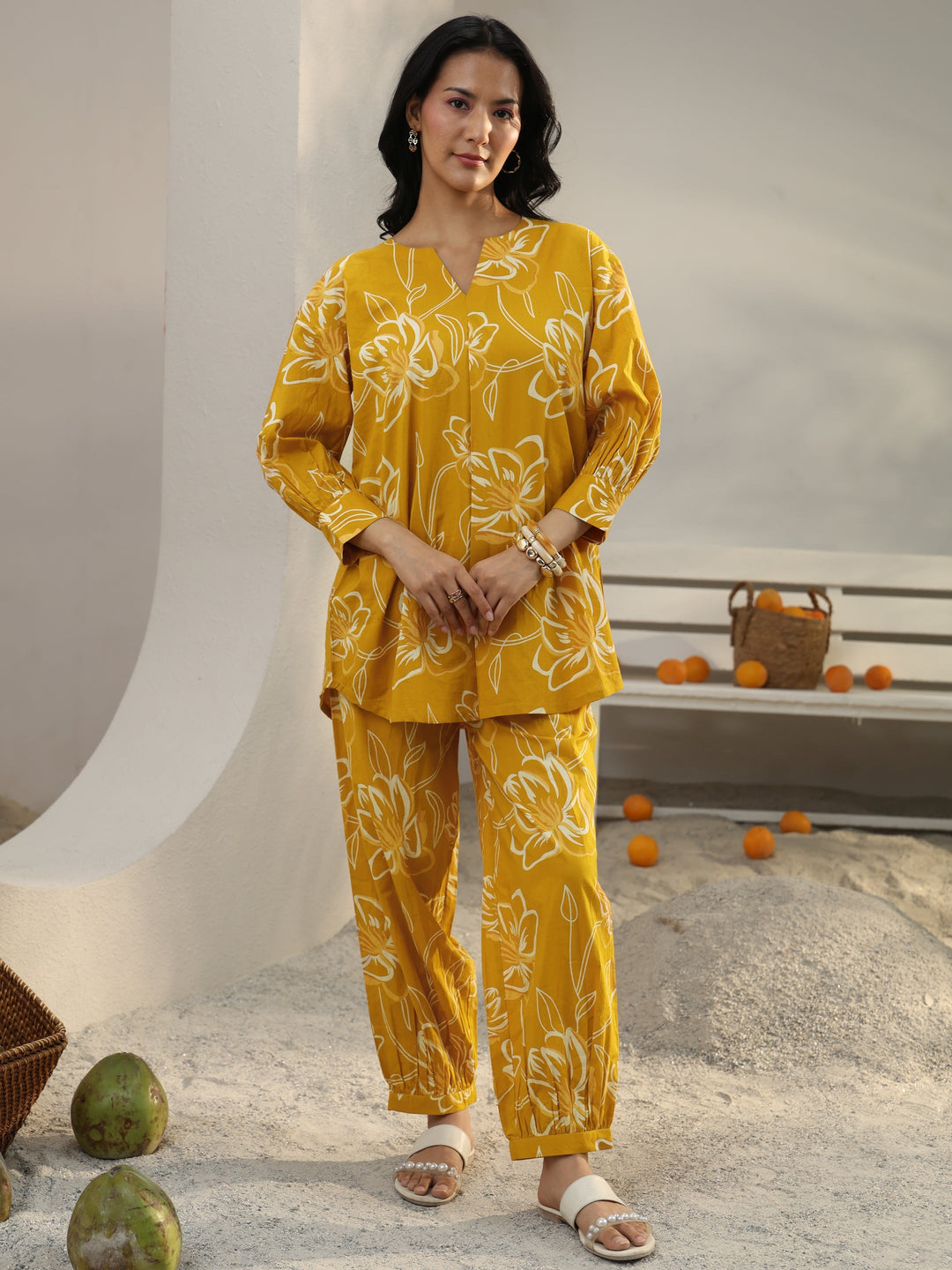  Mustard Floral Printed Cotton Co-Ord Set 