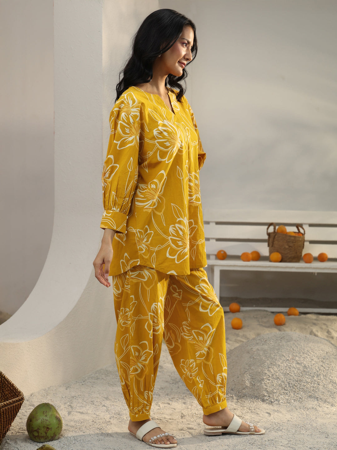  Mustard Floral Printed Cotton Co-Ord Set 