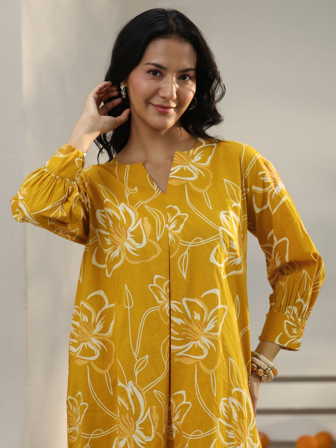  Mustard Floral Printed Cotton Co-Ord Set 