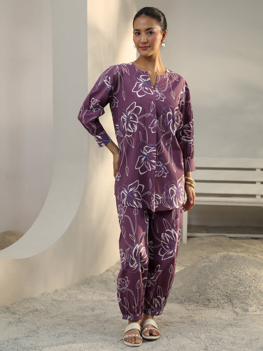  Purple Floral Printed Cotton Co-Ord Set 
