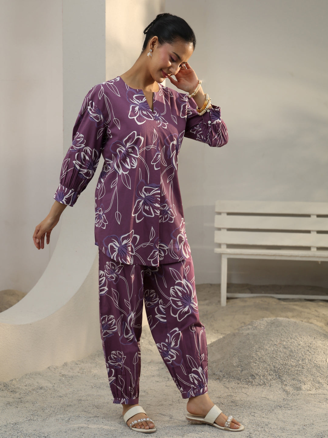  Purple Floral Printed Cotton Co-Ord Set 
