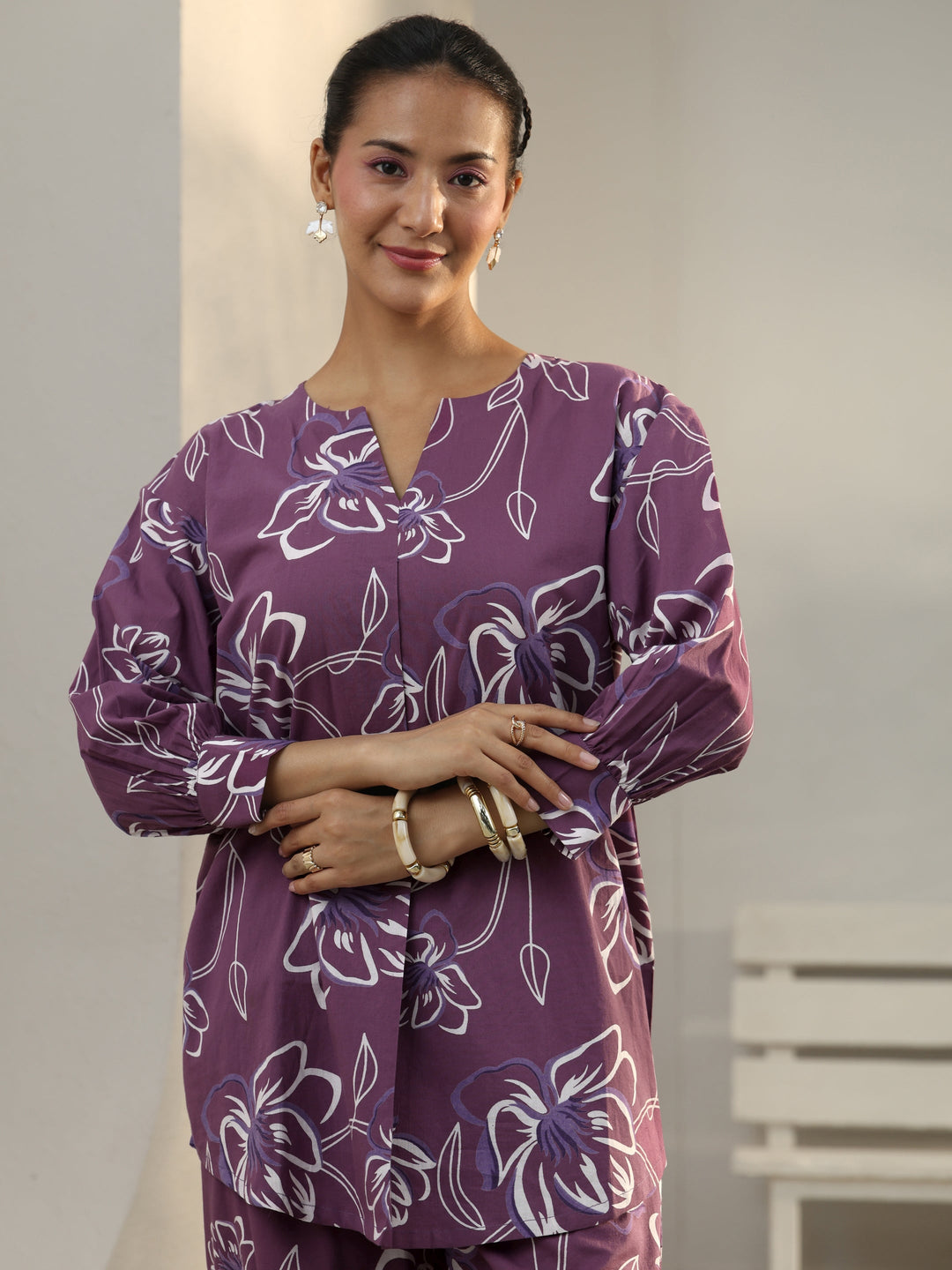  Purple Floral Printed Cotton Co-Ord Set 