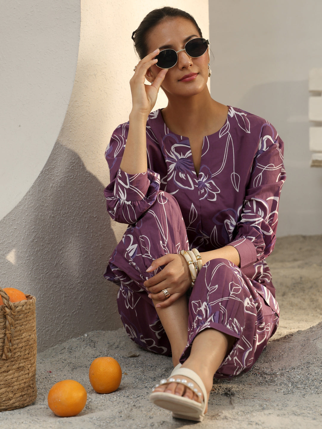  Purple Floral Printed Cotton Co-Ord Set 