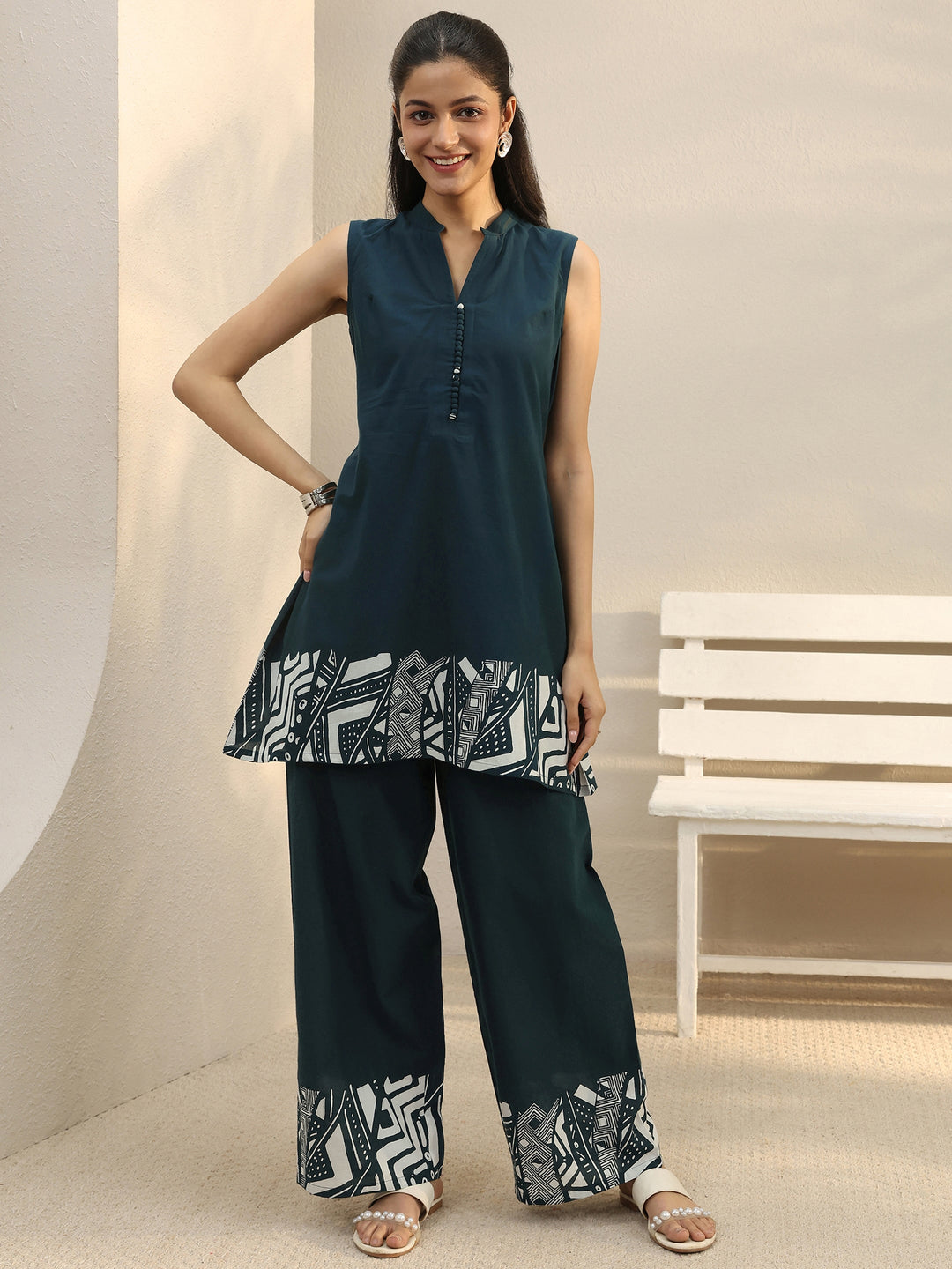  Teal Abstract Printed Cotton Blend Co-Ord Set 