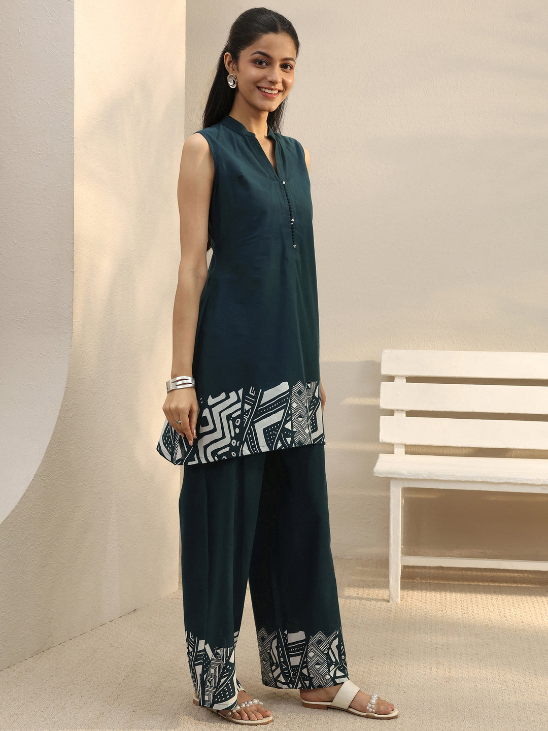  Teal Abstract Printed Cotton Blend Co-Ord Set 