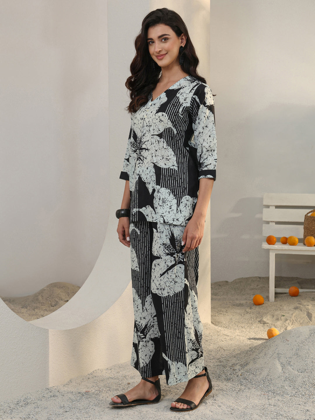  Black Floral Printed Cotton Co-Ord Set 