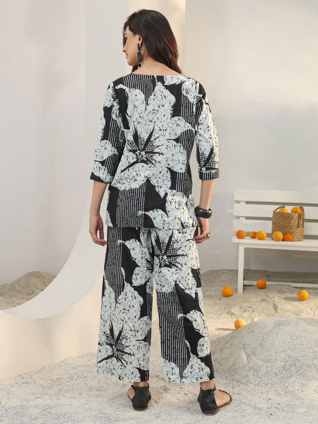 Black Floral Printed Cotton Co-Ord Set 