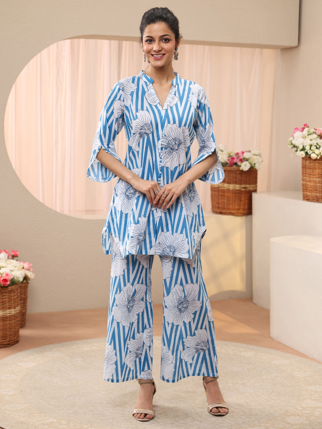  Blue Floral Printed Cotton Co-Ord Set 