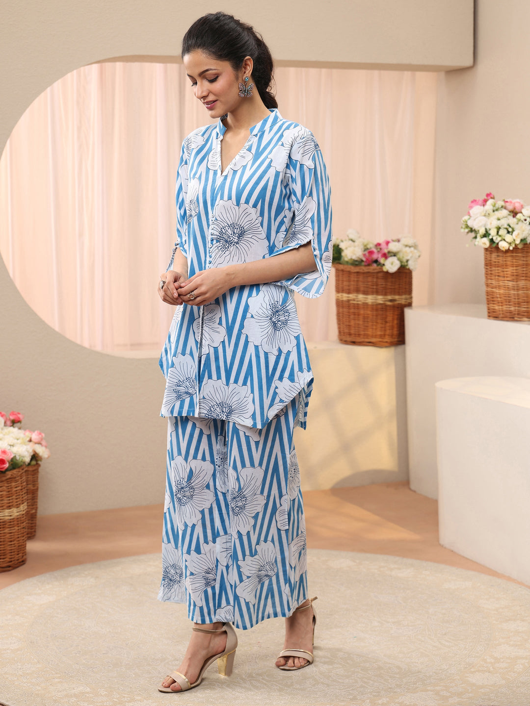  Blue Floral Printed Cotton Co-Ord Set 