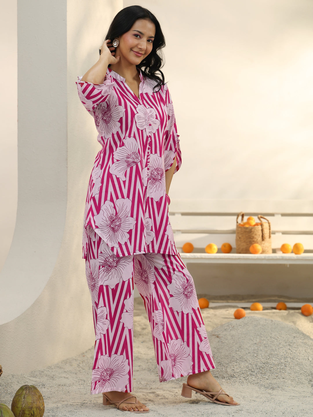  Pink Floral Printed Cotton Co-Ord Set 