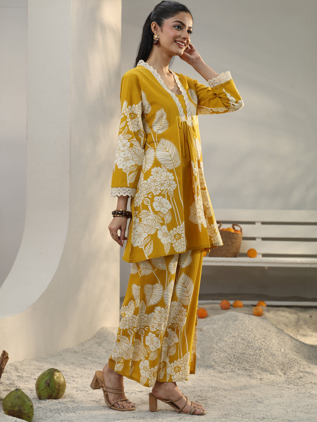  Mustard Floral Printed Cotton Co-Ord Set 