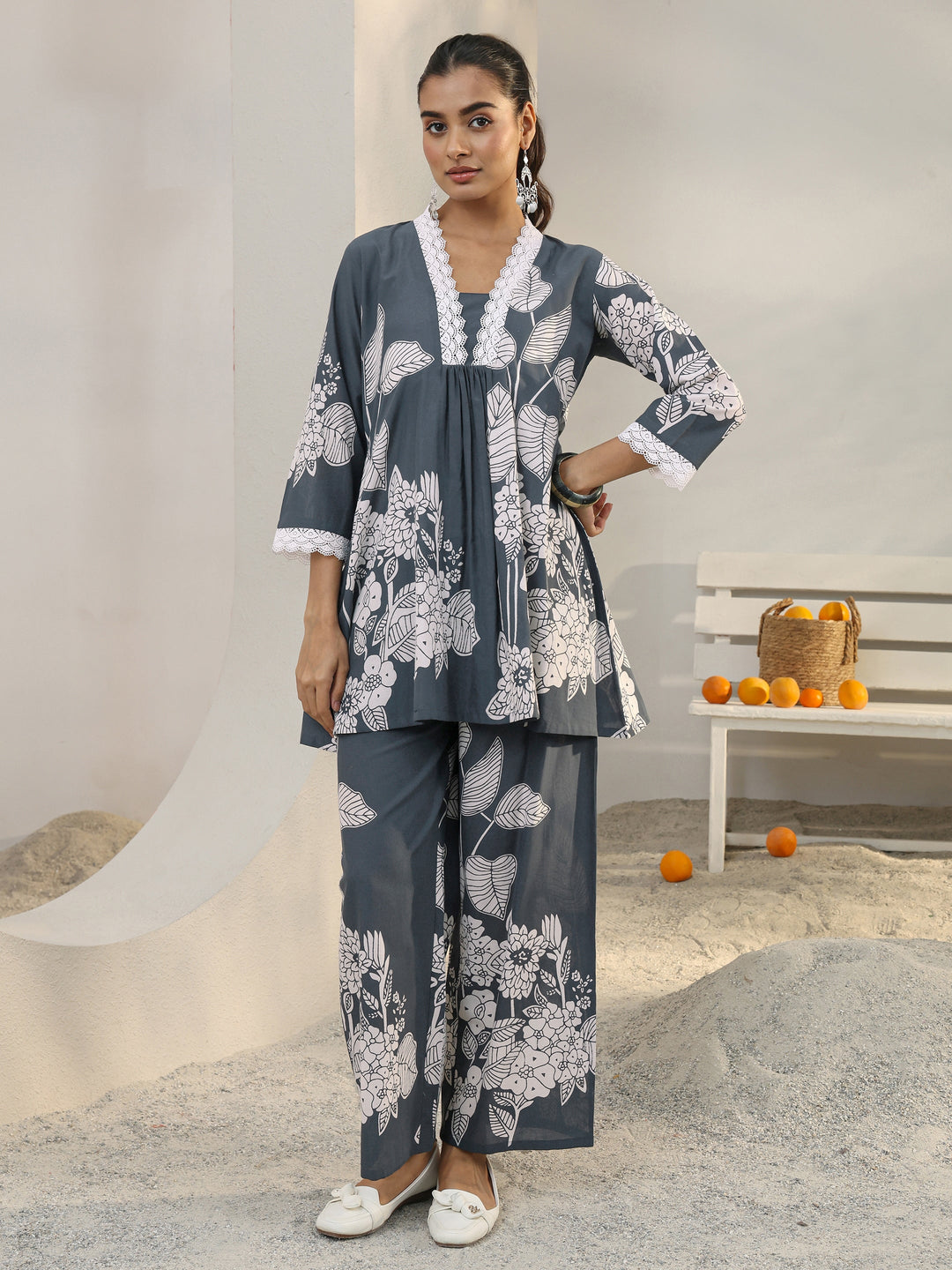  Grey Floral Printed Cotton Co-Ord Set 