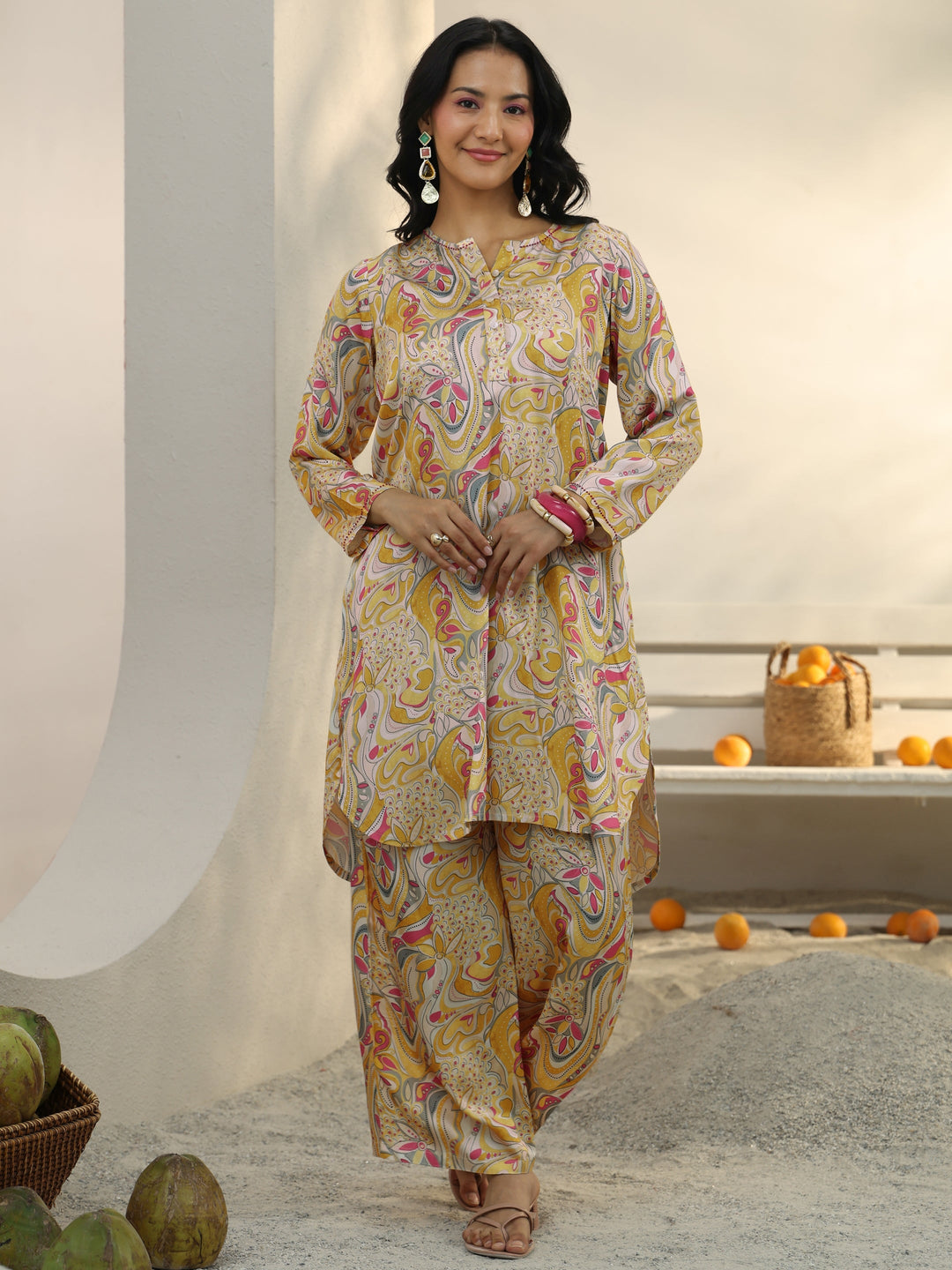  Yellow Abstract Printed Muslin Co-Ord Set 