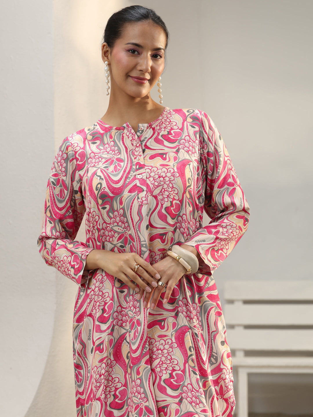 Pink Abstract Printed Muslin Co-Ord Set 