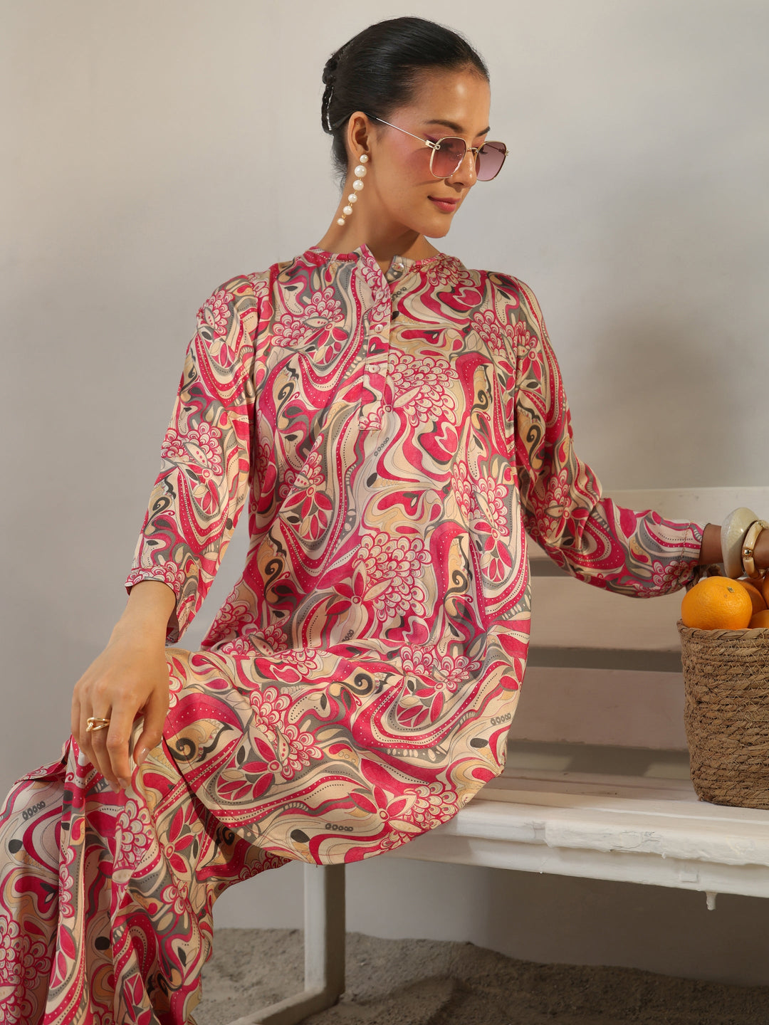  Pink Abstract Printed Muslin Co-Ord Set 