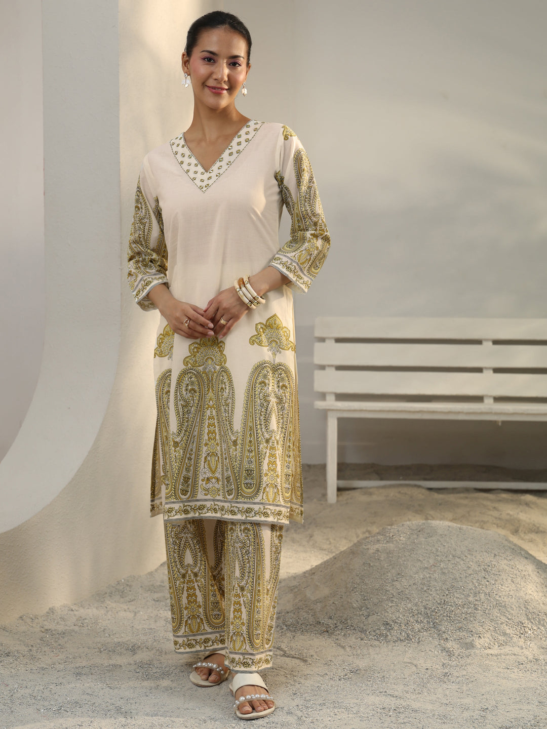 Off White Ethnic Printed Cotton Co-Ord Set 