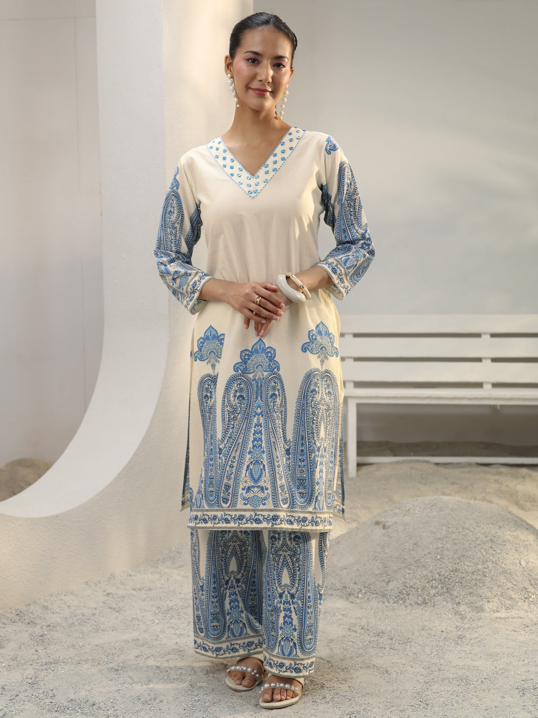  Off White Ethnic Printed Cotton Co-Ord Set 