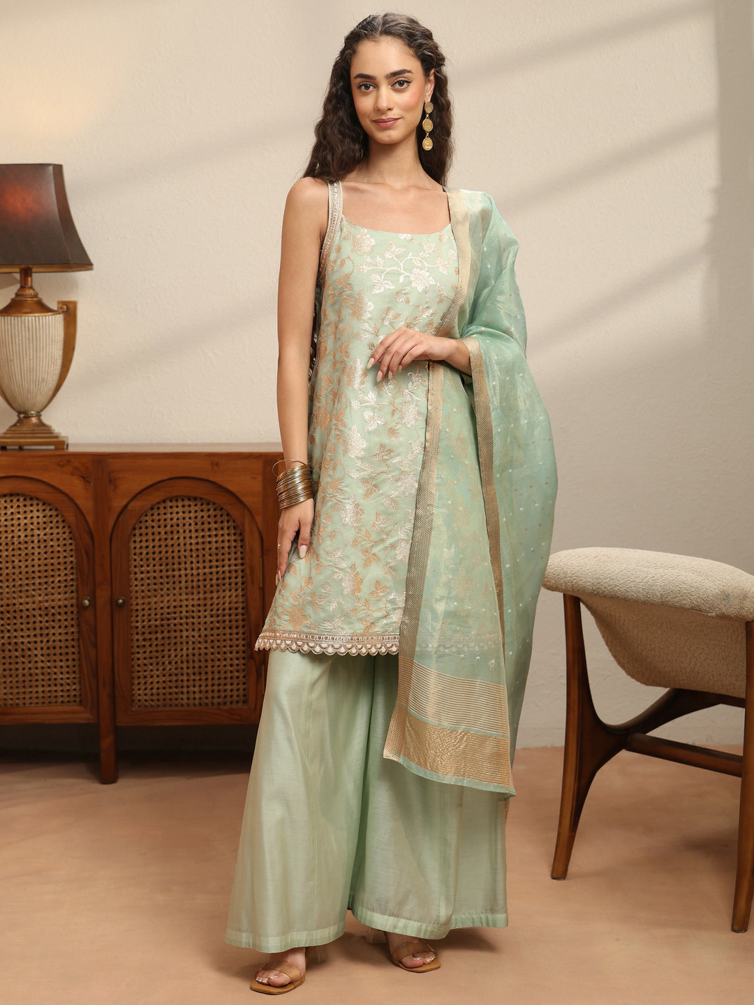  Mint Blue Woven Design Chanderi Silk Sleeveless Palazzo Suit Set 