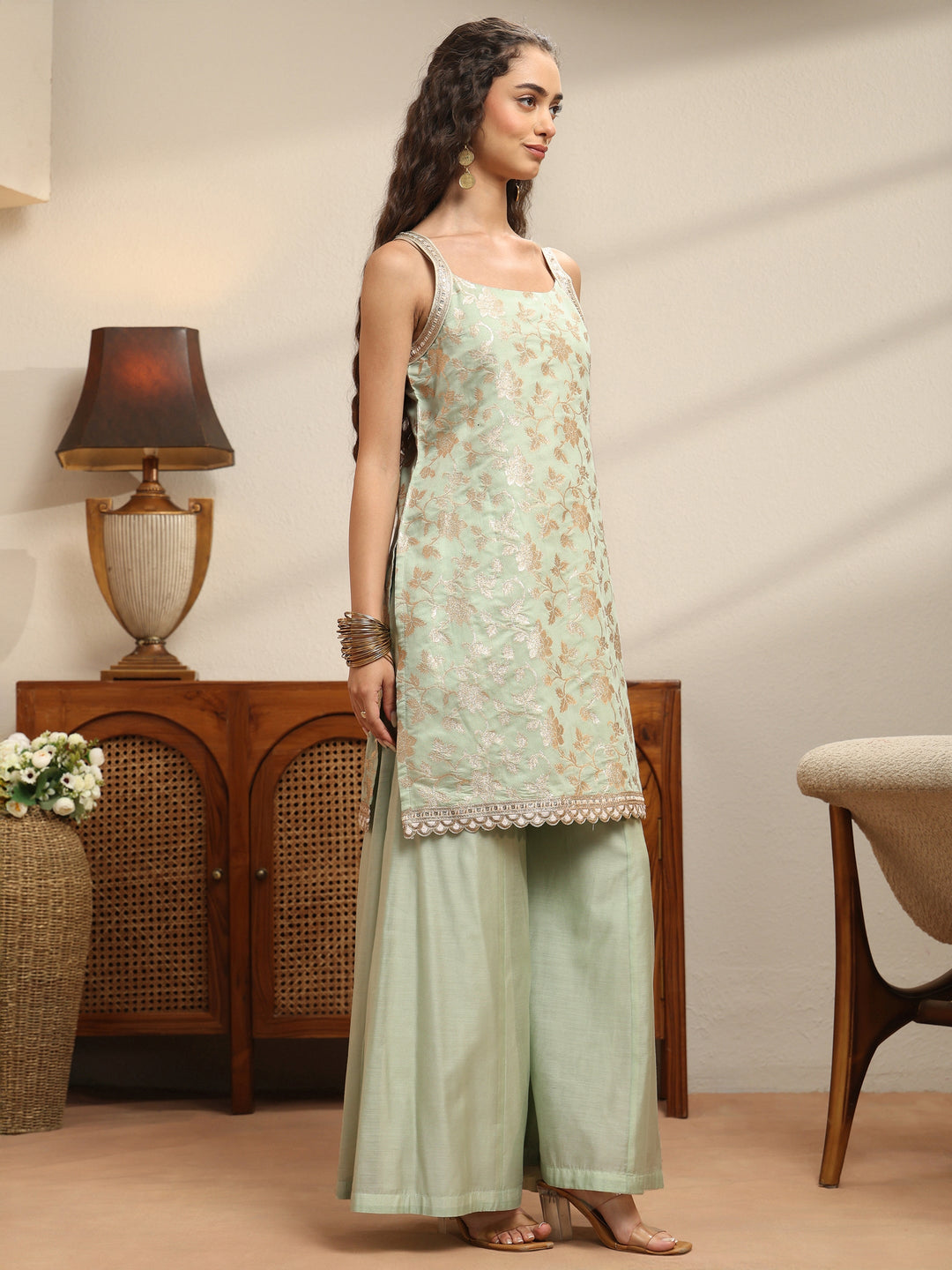  Mint Blue Woven Design Chanderi Silk Sleeveless Palazzo Suit Set 
