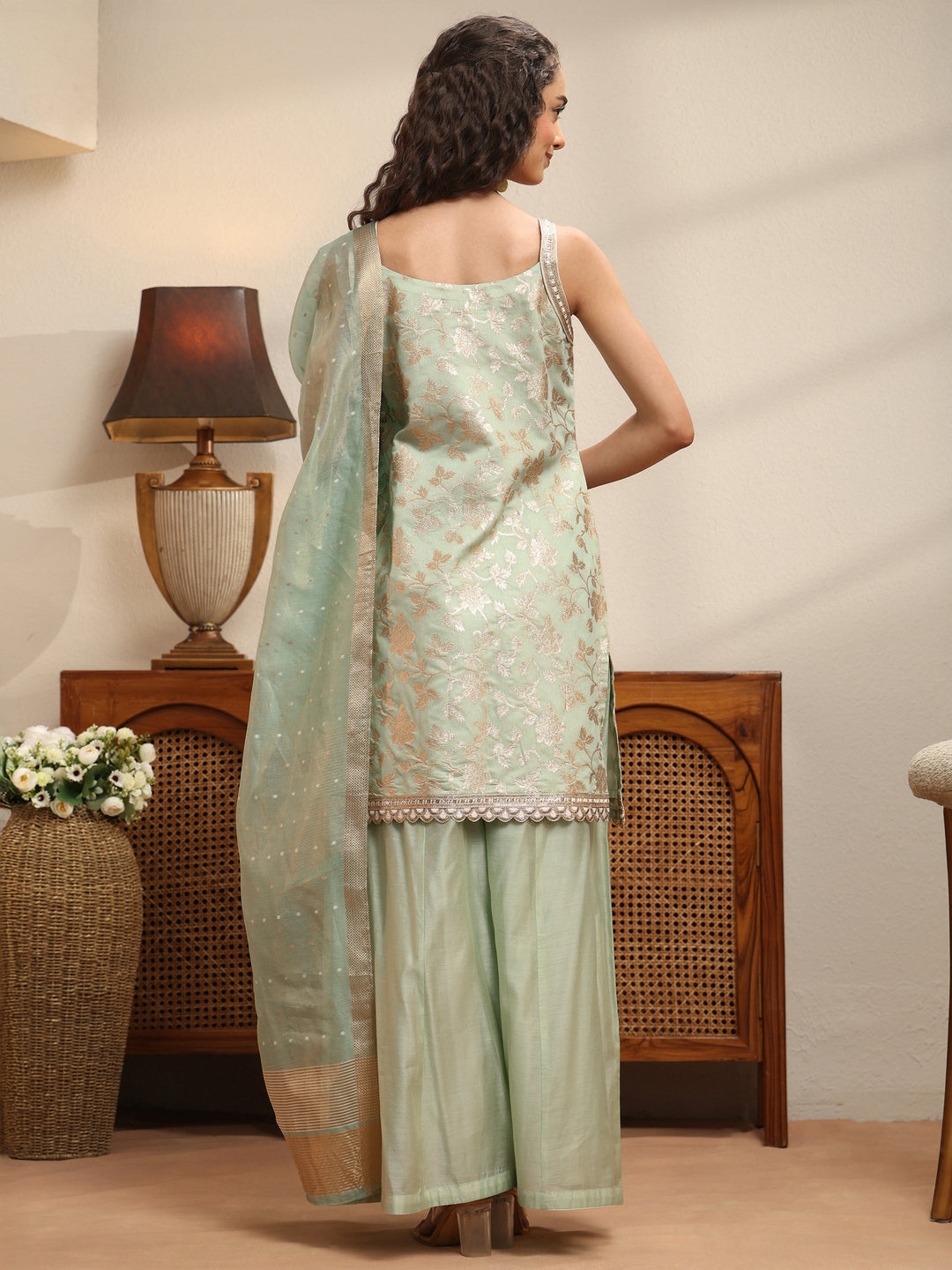  Mint Blue Woven Design Chanderi Silk Sleeveless Palazzo Suit Set 