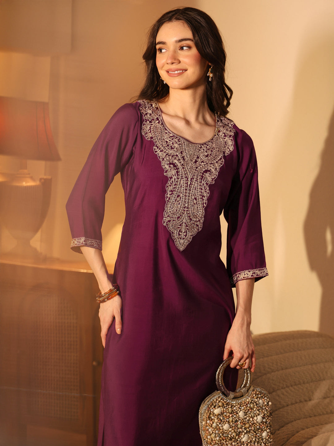  Burgundy Yoke Design Silk Blend Straight Kurta Set 