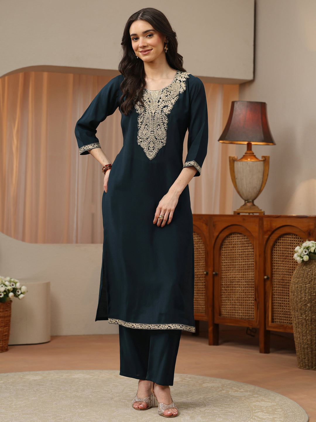  Teal Blue Yoke Design Silk Blend Straight Kurta Set 
