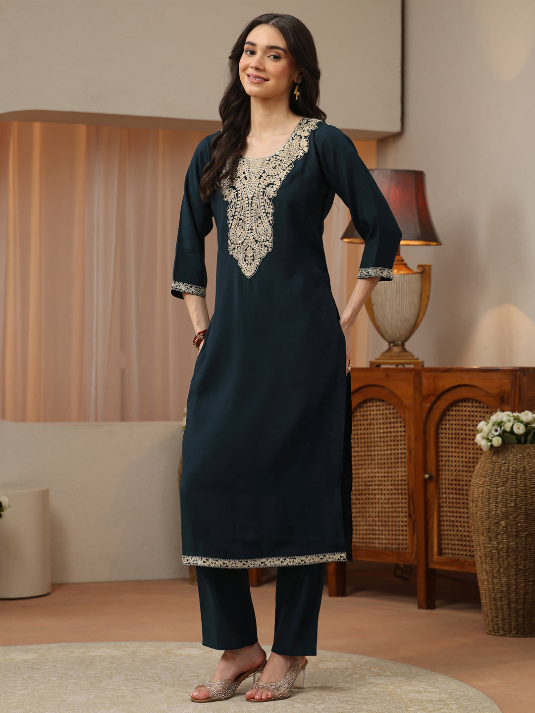  Teal Blue Yoke Design Silk Blend Straight Kurta Set 