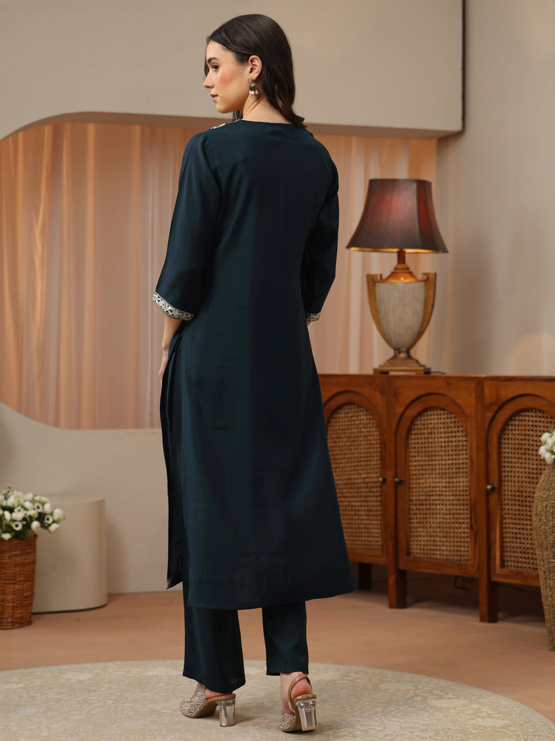  Teal Blue Yoke Design Silk Blend Straight Kurta Set 