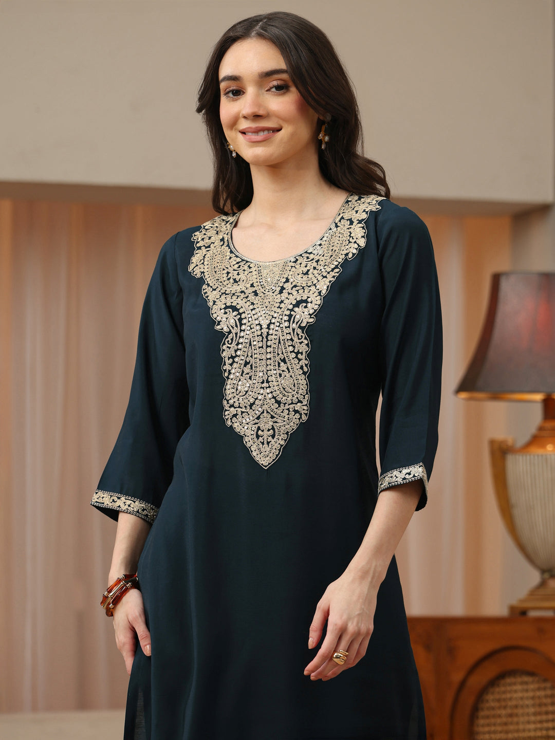  Teal Blue Yoke Design Silk Blend Straight Kurta Set 