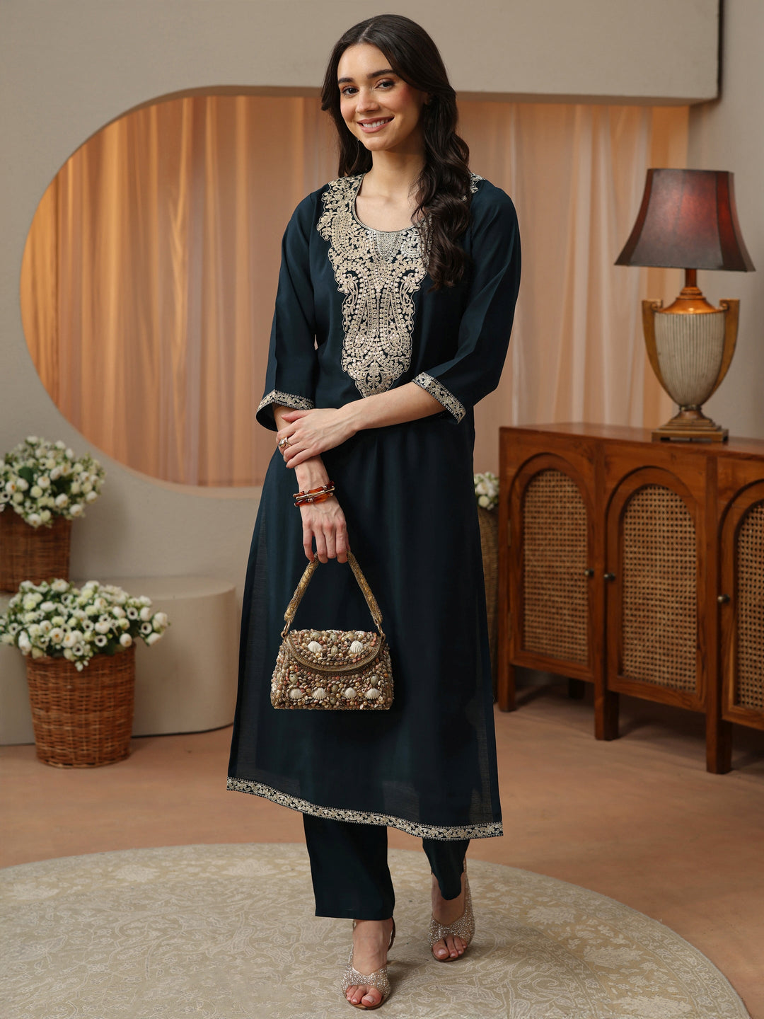  Teal Blue Yoke Design Silk Blend Straight Kurta Set 