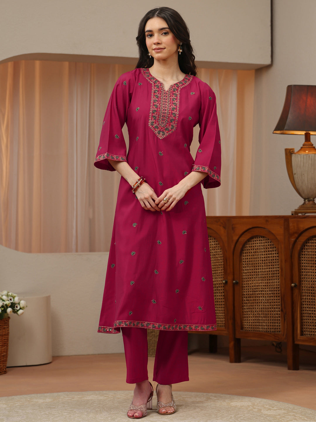  Pink Floral Embroidered Silk Blend A-Line Kurta Set 