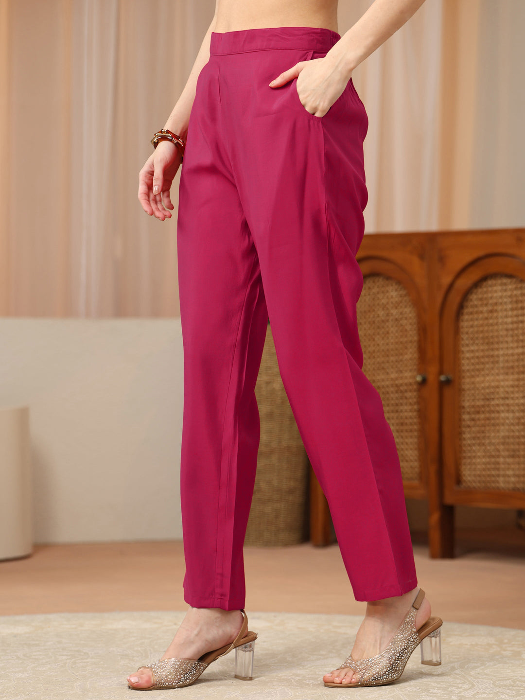  Pink Floral Embroidered Silk Blend A-Line Kurta Set 